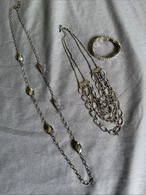 2 Necklaces and 1 Bracelet: Silver-Tone Necklace with Faceted Bead Accents